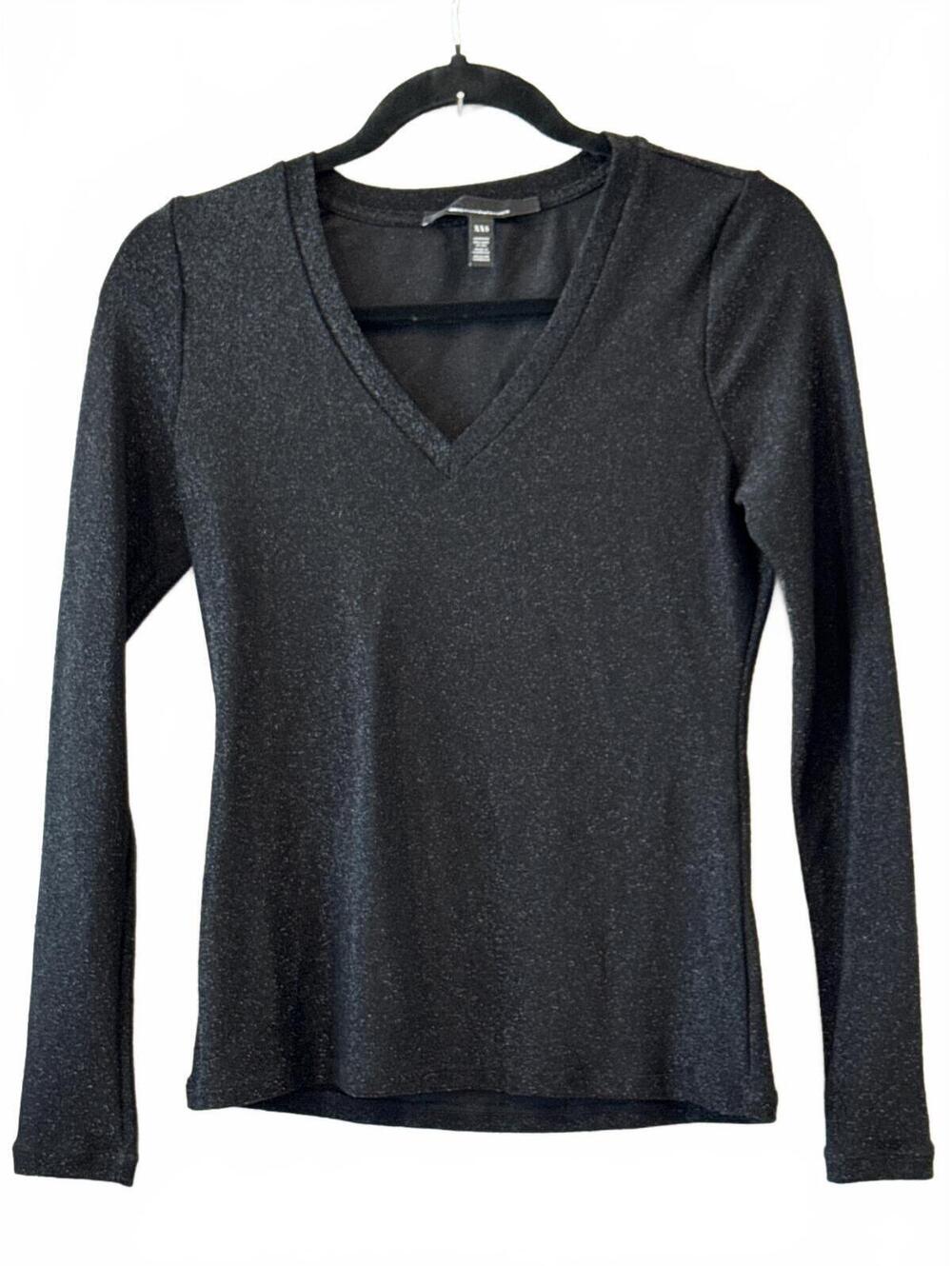 White House Black Market Black Shimmer V-Neck Long Sleeve Top XXS